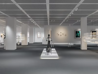 Art Exhibition Hall Interior With White Columns Grid Ceiling And Central Sculpture 3d model