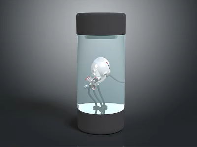 Transparent Glass Cup With Small White Robot And Red Details On Simple Gray Background 3d model