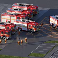 Fire Station Aerial View With Red Fire Trucks Parked On Plaza Billboards Grass And Road