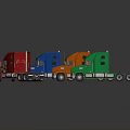 Four Colorful Toy Truck Models Blue Orange Green Red Arranged On Dark Reflective Surface