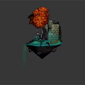 Enchanted Floating Castle Scene With Red Tree Staircase Path Flowers And Green Pillar