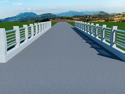 Long Bridge With Gray Road Surface And White Railings Over Green Fields And Mountains 3d model