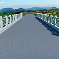 Long Bridge With Gray Road Surface And White Railings Over Green Fields And Mountains