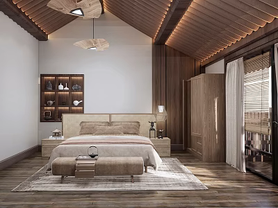 Elegant Hotel Room Interior With Wooden Ceiling Walls Large Bed And Wardrobe 3d model