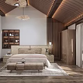 Elegant Hotel Room Interior With Wooden Ceiling Walls Large Bed And Wardrobe
