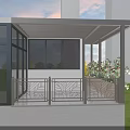 Modern Metal Pergola With Glass Panels Decorative Railings And Green Plants