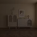 Modern Cream Sideboard with Arched Rattan Door Golden Handles and Decorative Lamp