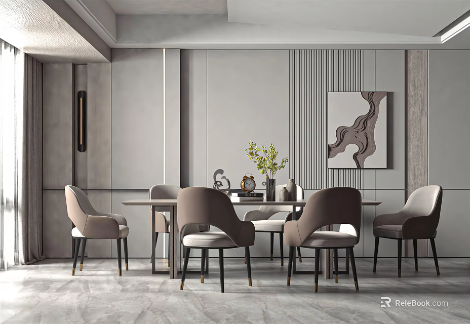 Elegant Modern Restaurant Interior Design With Dining Table Gray Chairs Artwork And Green Plants 3d model 