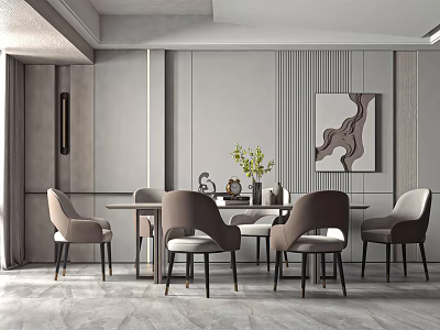 Elegant Modern Restaurant Interior Design With Dining Table Gray Chairs Artwork And Green Plants 3d model