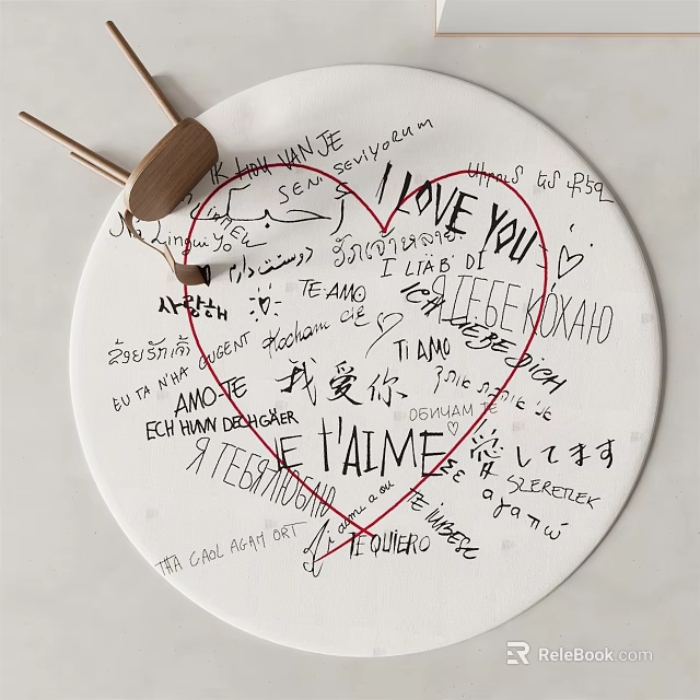 Decorative Round Rug with Handwritten Messages and Red Heart Design 3d model 