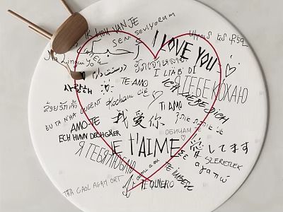 Decorative Round Rug with Handwritten Messages and Red Heart Design 3d model