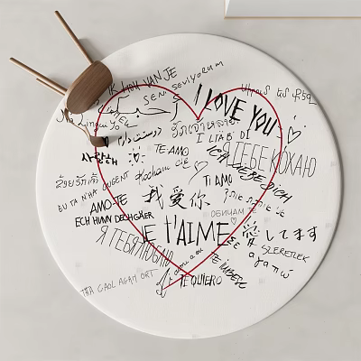 Decorative Round Rug with Handwritten Messages and Red Heart Design 3d model