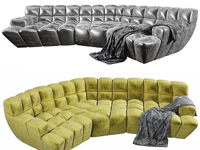 Curved Sectional Sofa With Block Design Black Green And Blanket For Living Room 3d model