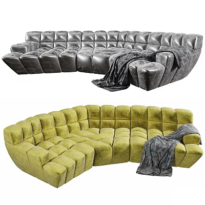 Curved Sectional Sofa With Block Design Black Green And Blanket For Living Room 3d model