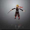 Anime Style Character With Blonde Hair Dark Red Uniform Sword Flame Patterns And Red Scarf
