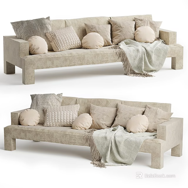 Beige Sectional Sofa With Multiple Decorative Pillows And Cozy Throw Blanket 3d model 