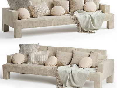 Beige Sectional Sofa With Multiple Decorative Pillows And Cozy Throw Blanket 3d model