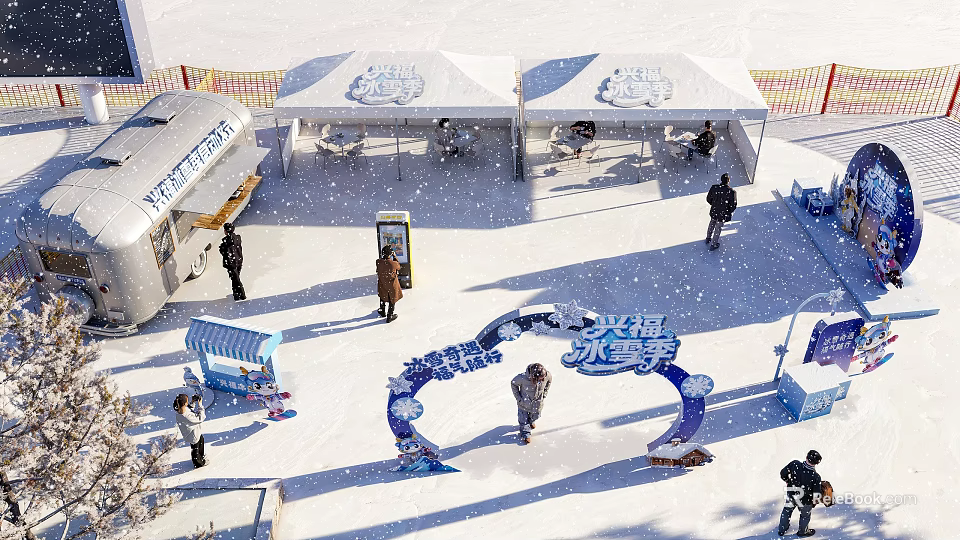 Snowy Winter Interactive Zone Featuring White Tents And Ice Decorations For Visitors 3d model 