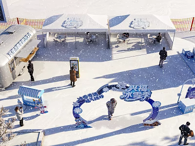 Snowy Winter Interactive Zone Featuring White Tents And Ice Decorations For Visitors 3d model