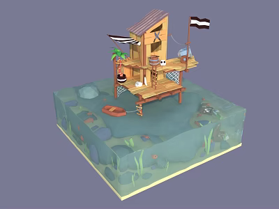 Cartoon Waterfront Hut Scene With Wooden Platform Small Boat And Underwater Plants 3d model