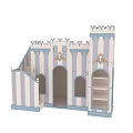 Colorful Castle Shaped Play Equipment With Blue White Striped Towers Arches Windows And Stairs