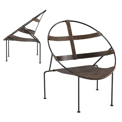 Modern Accent Chair With Circular Metal Frame Leather Straps Wooden Seat And Black Metal Legs 3d model