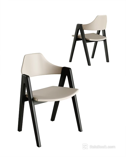 Modern Dining Chairs With Beige Seat Black Wooden Legs And Ergonomic Backrest 3d model 