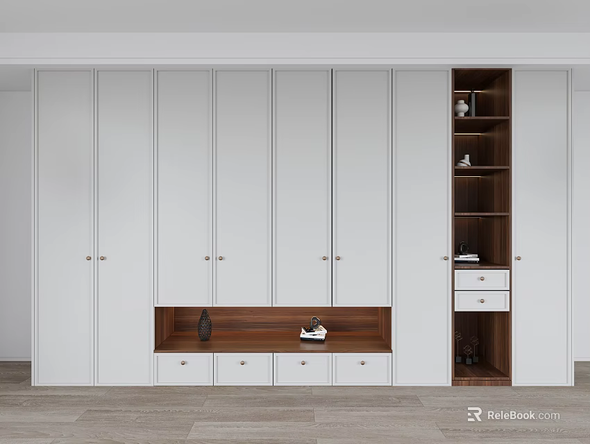 Modern White Wardrobe Design With Wooden Accents Multiple Cabinet Doors Drawers And Open Shelves 3d model 
