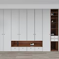 Modern White Wardrobe Design With Wooden Accents Multiple Cabinet Doors Drawers And Open Shelves
