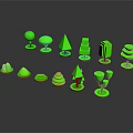 Green Plant Models With Various Shapes And Brown Bases And Reflections On Black Background