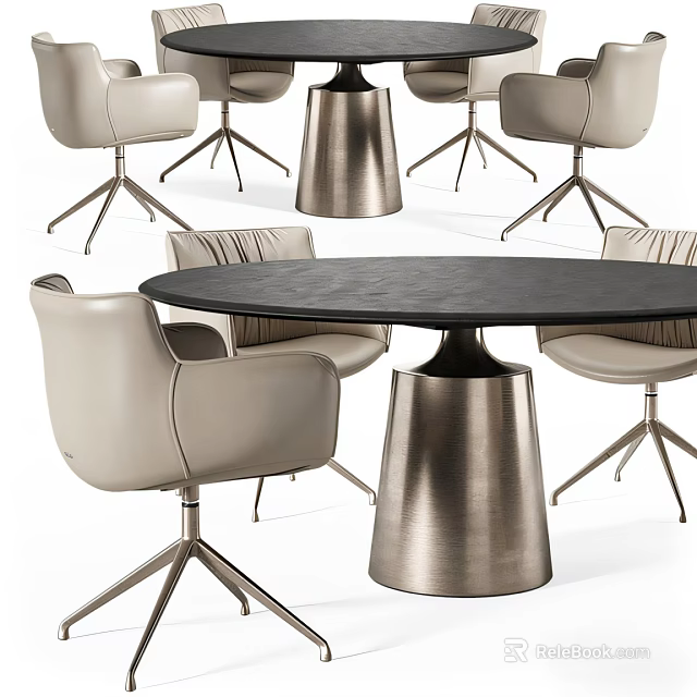 Stylish Modern Round Black Dining Table And Beige Chairs Set With Metal Legs 3d model 