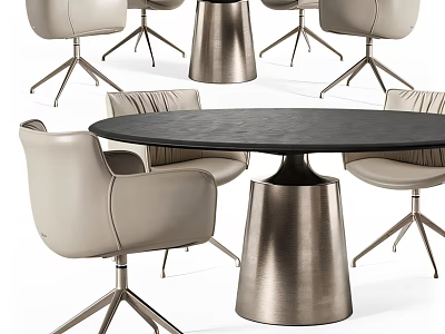 Stylish Modern Round Black Dining Table And Beige Chairs Set With Metal Legs 3d model