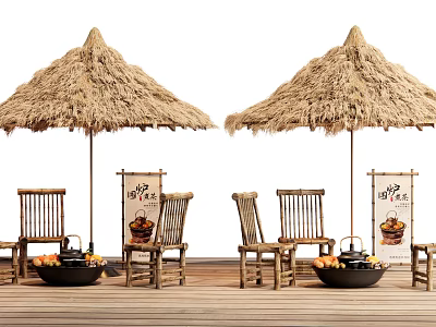 Bamboo Outdoor Chairs With Thatched Umbrellas On Wooden Deck And Decorative Baskets 3d model