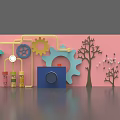 Creative Wall Decor With Pink Background Gears Camera Trees Test Tubes Lamp And Clock 3d model