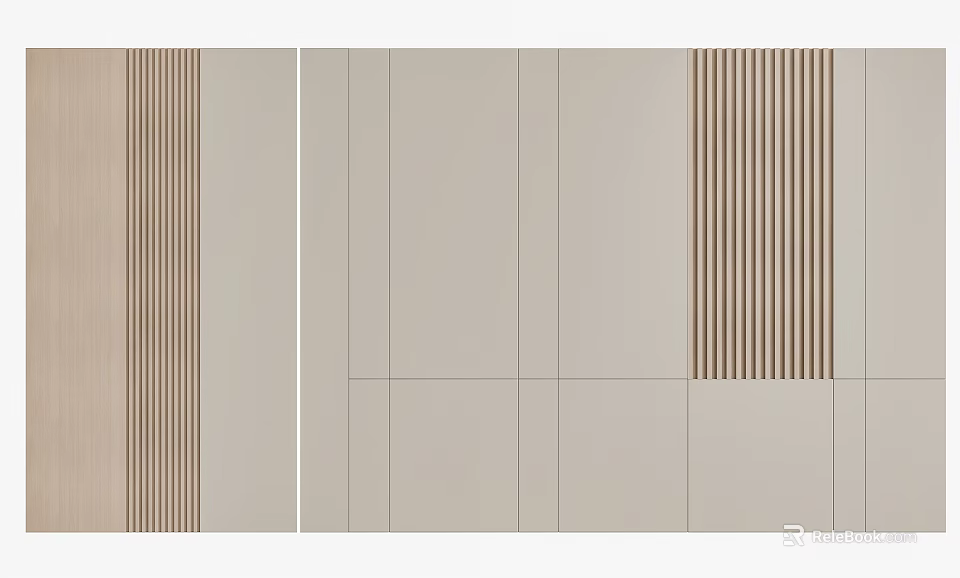Minimalist Sofa Backdrop Wall With Wooden Slats And Neutral Tones 3d model 