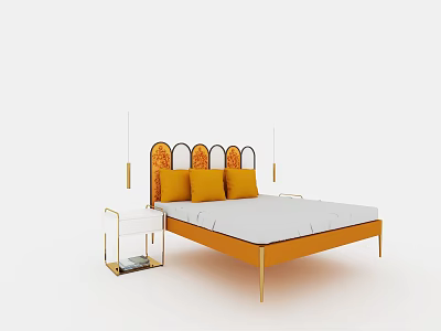 Stylish Double Bed Featuring Orange Wave Headboard Gold Frame White Mattress And Gold Nightstand 3d model