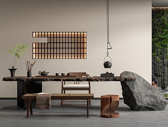 Wind Tea Room Tea Table and Chair Stone Tea Table Old Board Stone Bamboo Landscape Landscaping 3d model