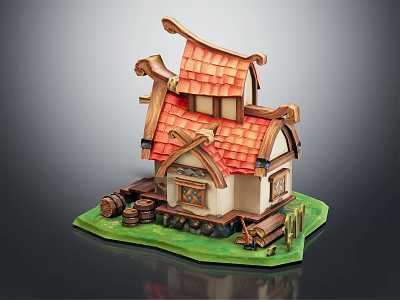 Cartoon House Scene With Red Tiled Roof Traditional Decorations Green Grass And Wooden Fence 3d model