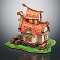Cartoon House Scene With Red Tiled Roof Traditional Decorations Green Grass And Wooden Fence