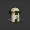 White Domed Structure On Small Island With Green Vines Pink Purple Flowers And Blue Water