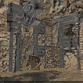 Industrial Cave Interior With Stone Walls Metal Door And Mechanical Gears