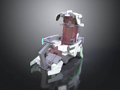 Futuristic Mechanical Chair With Metallic Structure Red Seat And Green Accents 3d model