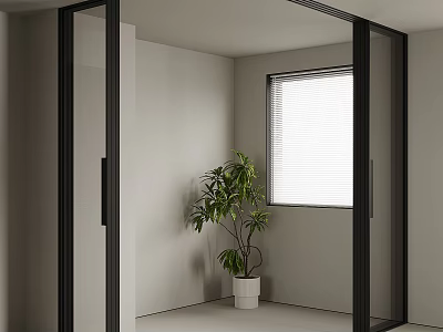 Modern Black Framed Glass Sliding Doors in Minimalist Interior with Potted Plant and Window Blinds 3d model