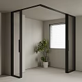 Modern Black Framed Glass Sliding Doors in Minimalist Interior with Potted Plant and Window Blinds
