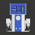 Blue And White Device With Digital Display Knob And Ports Showing Time And Power Level