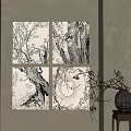 Chinese Style Black And White Paintings With Tree Mountain Elements And Vase Decoration