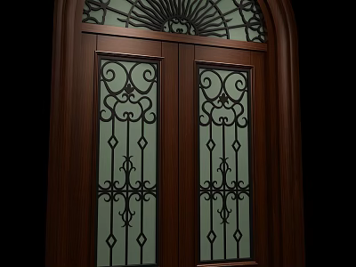 Elegant Wooden Double Doors With Wrought Iron Designs And Glass Panels 3d model