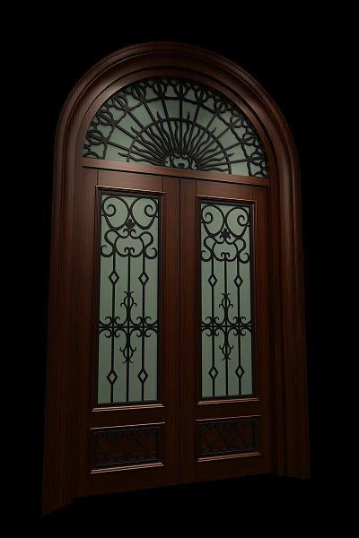 Elegant Wooden Double Doors With Wrought Iron Designs And Glass Panels 3d model