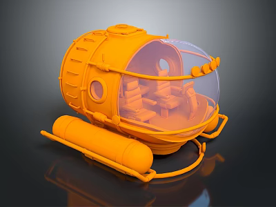 Orange Submersible Diving Capsule 3D Model With Transparent Cabin Seats And Gear 3d model