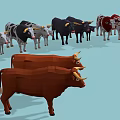 Low Poly Style Cows In Group With Adult And Calf In Brown White Colors
